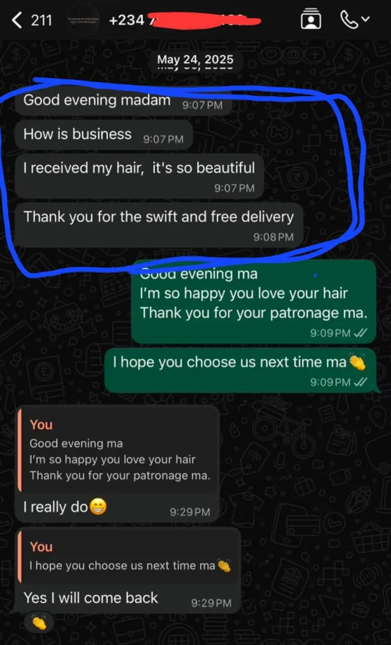 HairByChidora customer WhatsApp review 1